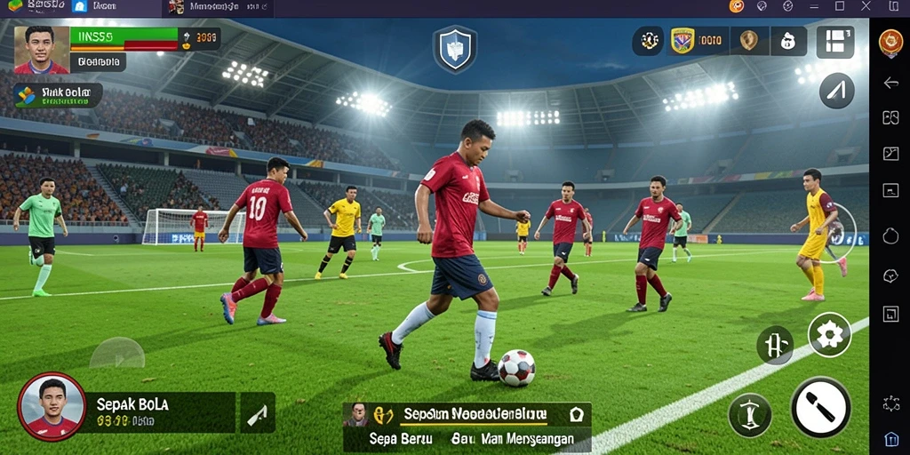 Tampilan antarmuka utama INS55 dengan pemain dan stadion sepak bola.